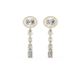 Front view of multi cut drop earrings showcasing oval halo stud top with dangling pear, marquise, emerald, and oval lab diamonds set in 14k gold. Custom 10k/14k gold, 925 silver, or platinum with 1ct to 2ct moissanite or lab grown diamond choices for wedding jewelry.