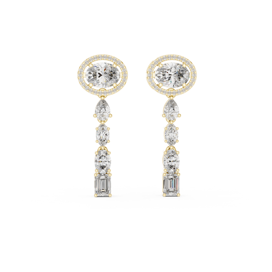 Front view of multi cut drop earrings showcasing oval halo stud top with dangling pear, marquise, emerald, and oval lab diamonds set in 14k gold. Custom 10k/14k gold, 925 silver, or platinum with 1ct to 2ct moissanite or lab grown diamond choices for wedding jewelry.