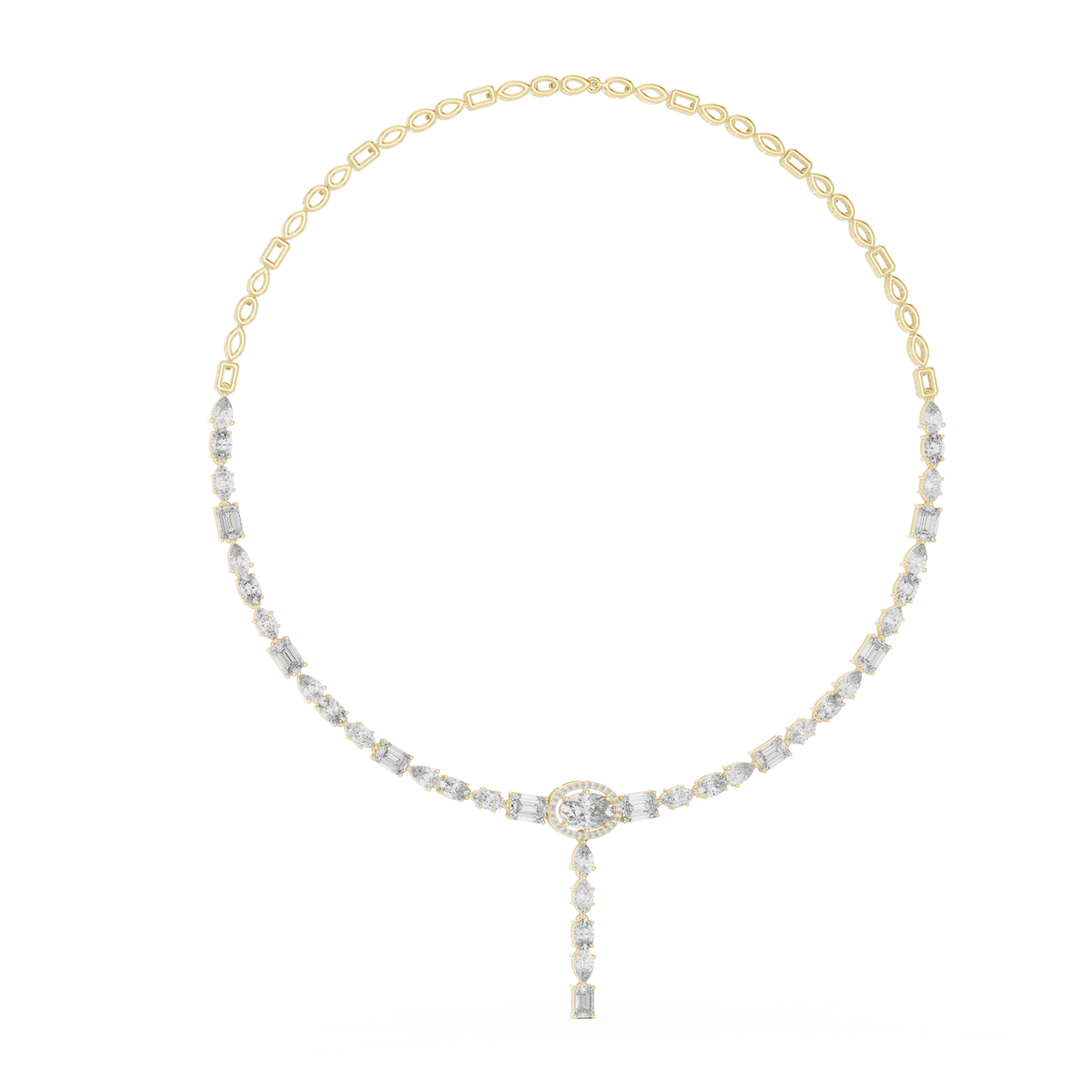 Magnificent double-drop statement necklace featuring oval, emerald, marquise, and pear lab diamonds. Crafted in 14k gold with micro-prong and collet settings, D-E color, and VVS clarity. Available in silver or platinum.
