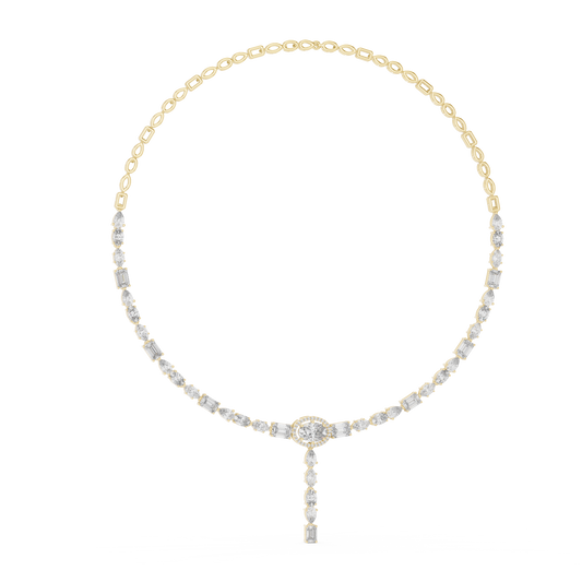 Magnificent double-drop statement necklace featuring oval, emerald, marquise, and pear lab diamonds. Crafted in 14k gold with micro-prong and collet settings, D-E color, and VVS clarity. Available in silver or platinum.