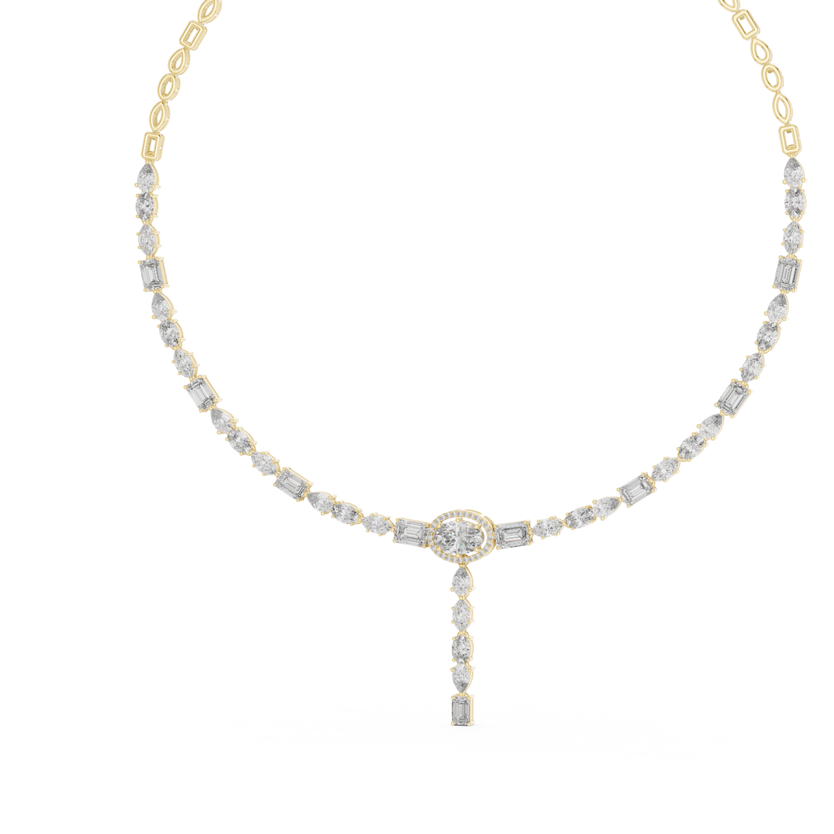 Refined profile of a royal double-drop necklace showing precise collet and micro-prong heights. Crafted in 10k solid gold with 66 stones, fully customizable in 14k gold, silver, or platinum.