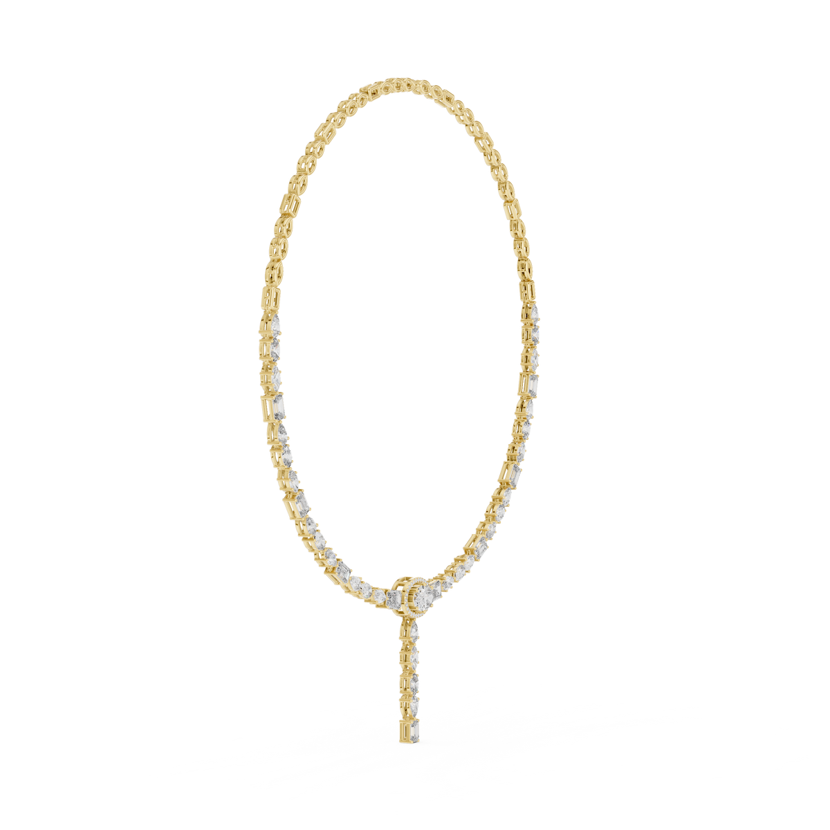 Brilliant moissanite double-drop necklace catching light across 66 faceted stones with D-E color and VVS clarity. Gleaming in 925 sterling silver, customizable in 10k, 14k gold, and platinum.