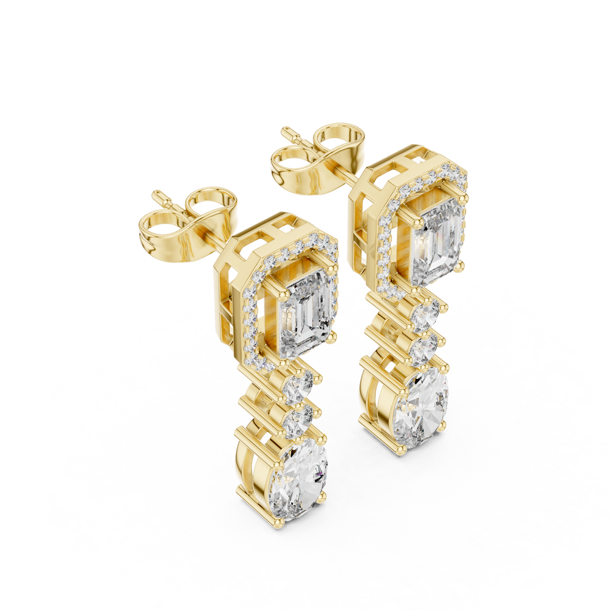 Side profile view highlighting the 6.25mm basket depth, articulating link points, and solid post with push back. Cast in durable 10k solid gold with collet mounts. A classic wedding band companion. Customizable in 925 silver, 10k/14k gold, and platinum with 1.00ct to 2.00ct lab diamond or moissanite center stones.   