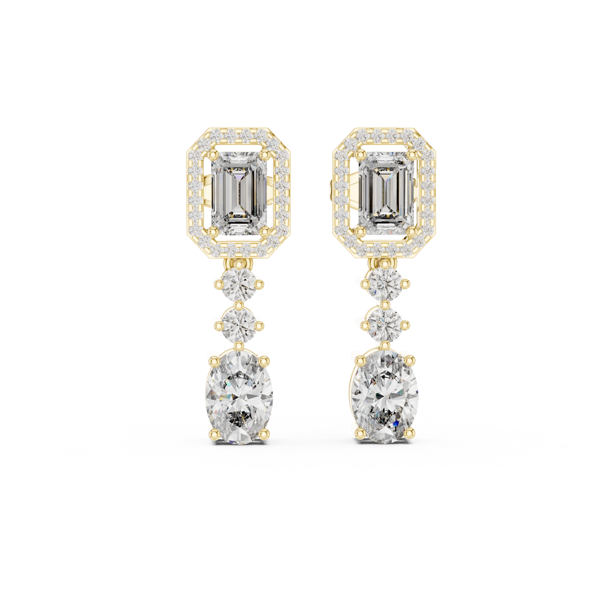 Front view of multi-stone drop earrings showcasing an emerald cut halo top and suspended oval dangle. Features fifty-six brilliant stones mounted in lustrous 14k gold. Ideal engagement ring companion or bridal gift. Available in 10k/14k solid gold, 925 silver, platinum, from 1ct to 2ct in custom lab grown diamond or moissanite.