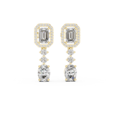 Front view of multi-stone drop earrings showcasing an emerald cut halo top and suspended oval dangle. Features fifty-six brilliant stones mounted in lustrous 14k gold. Ideal engagement ring companion or bridal gift. Available in 10k/14k solid gold, 925 silver, platinum, from 1ct to 2ct in custom lab grown diamond or moissanite.