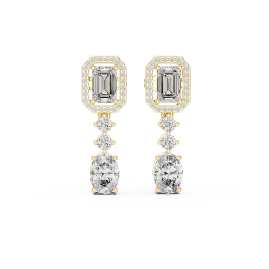 Front view of multi-stone drop earrings showcasing an emerald cut halo top and suspended oval dangle. Features fifty-six brilliant stones mounted in lustrous 14k gold. Ideal engagement ring companion or bridal gift. Available in 10k/14k solid gold, 925 silver, platinum, from 1ct to 2ct in custom lab grown diamond or moissanite.