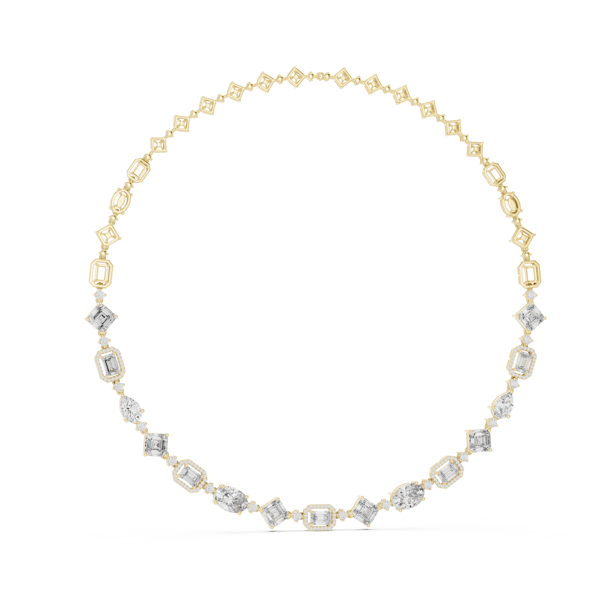 Magnificent statement necklace featuring pear, emerald, and oval lab diamonds. Crafted in 14k gold with micro-prong and collet settings, D-E color, and VVS clarity. Available in silver or platinum.