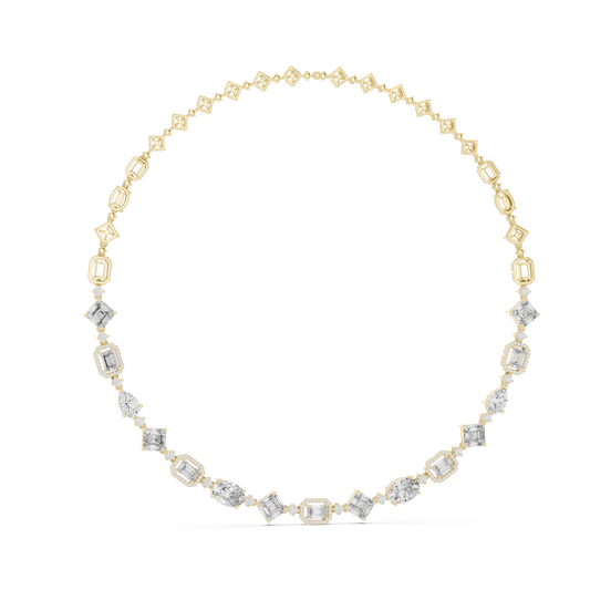 Magnificent statement necklace featuring pear, emerald, and oval lab diamonds. Crafted in 14k gold with micro-prong and collet settings, D-E color, and VVS clarity. Available in silver or platinum.