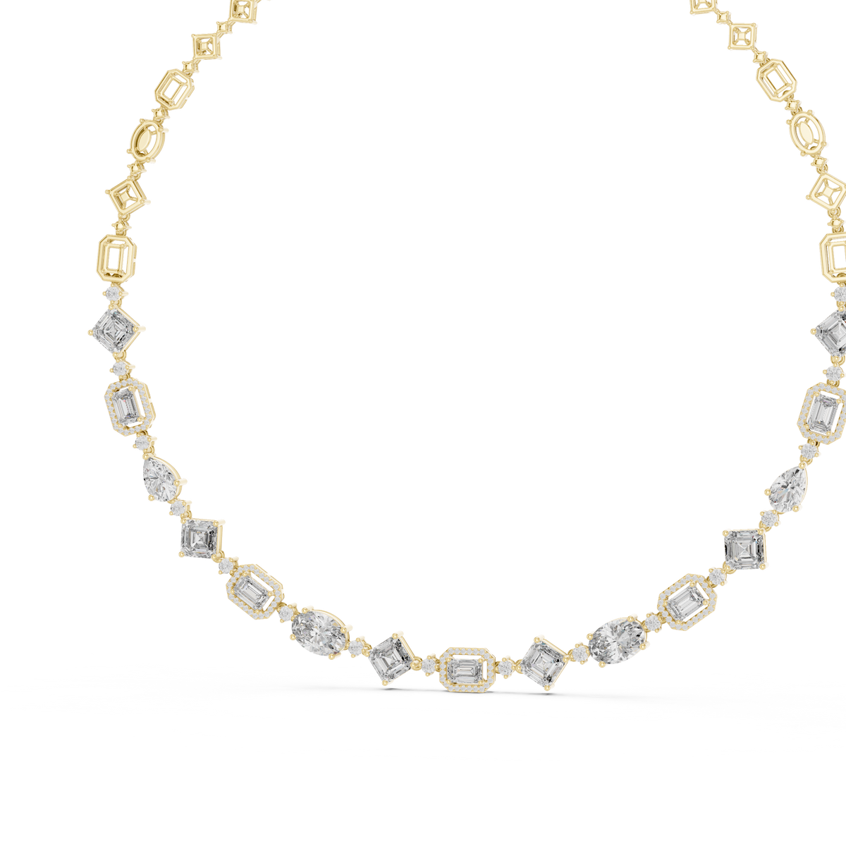 Refined profile of a royal statement necklace showing precise collet and micro-prong heights. Crafted in 10k solid gold with 151 stones, fully customizable in 14k gold, silver, or platinum.