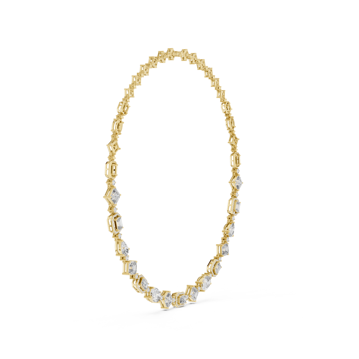 Brilliant moissanite statement necklace catching light across 151 faceted stones with D-E color and VVS clarity. Gleaming in 925 sterling silver, customizable in 10k, 14k gold, and platinum.