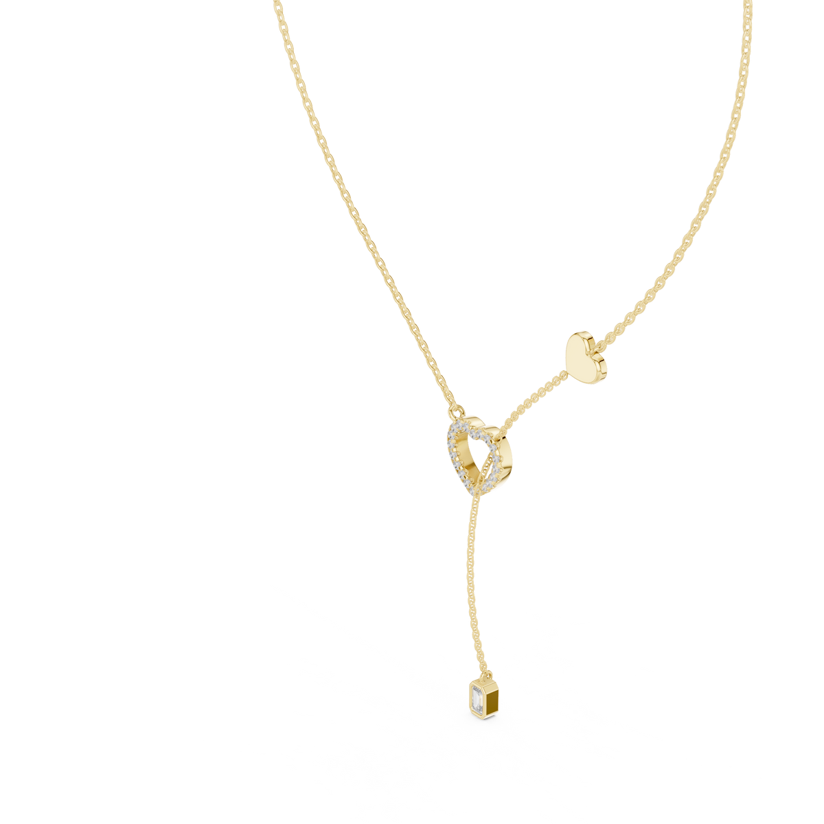 Side profile CAD view showing the precise chain profile and lariat drop height for a custom heart pendant necklace, available in 10k solid gold, 14k gold, 925 sterling silver, or platinum.