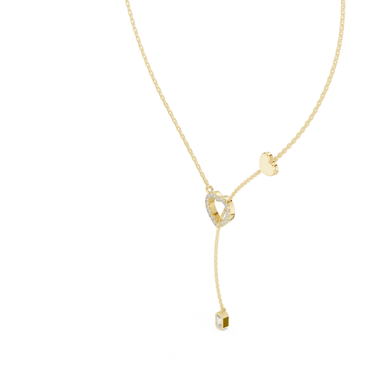 Side profile CAD view showing the precise chain profile and lariat drop height for a custom heart pendant necklace, available in 10k solid gold, 14k gold, 925 sterling silver, or platinum.