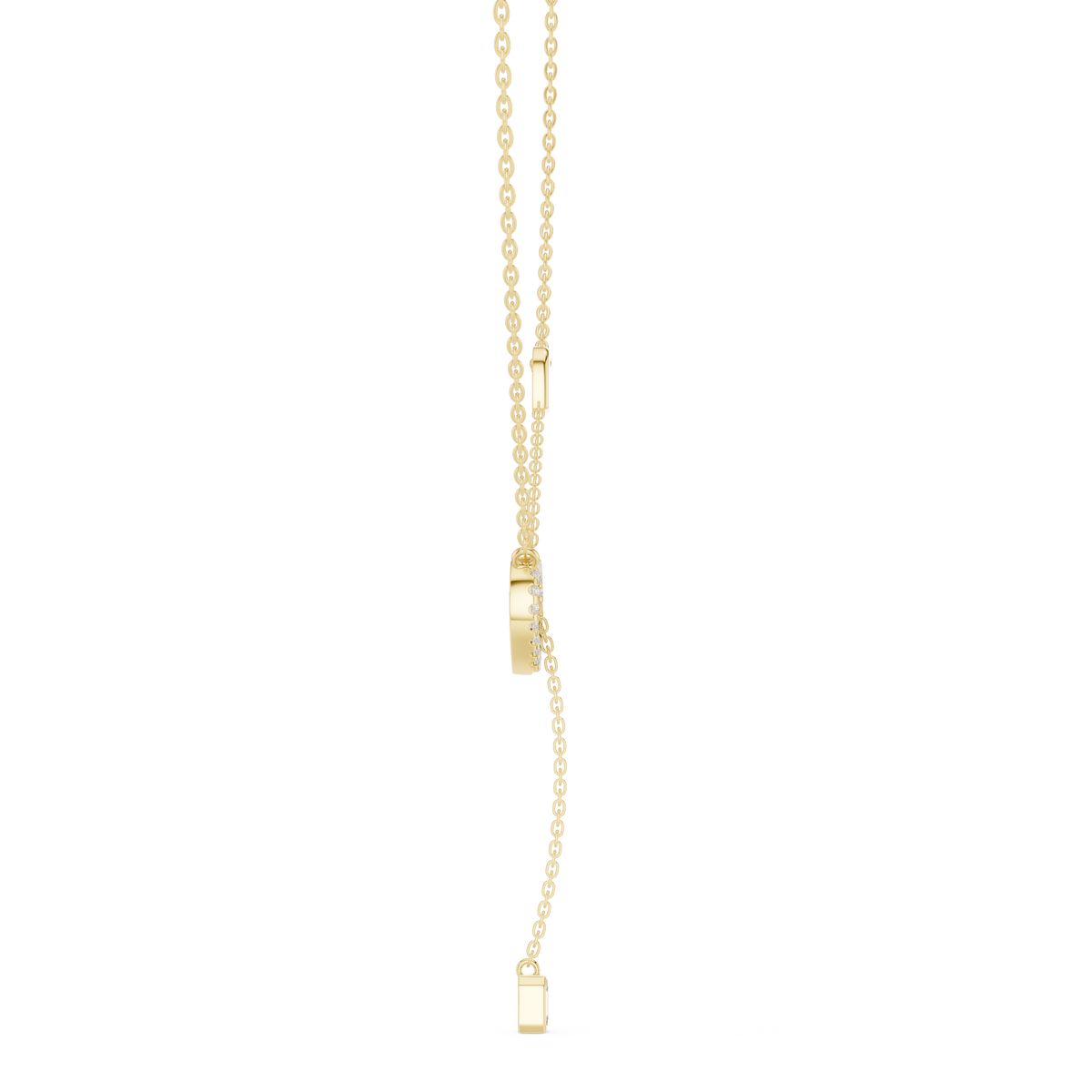 Angled CAD view of the heart lariat necklace highlighting exceptional D color, VVS1 clarity, brilliant sparkle, moissanite or lab grown diamond options, and 925 sterling silver or solid gold metal variations.