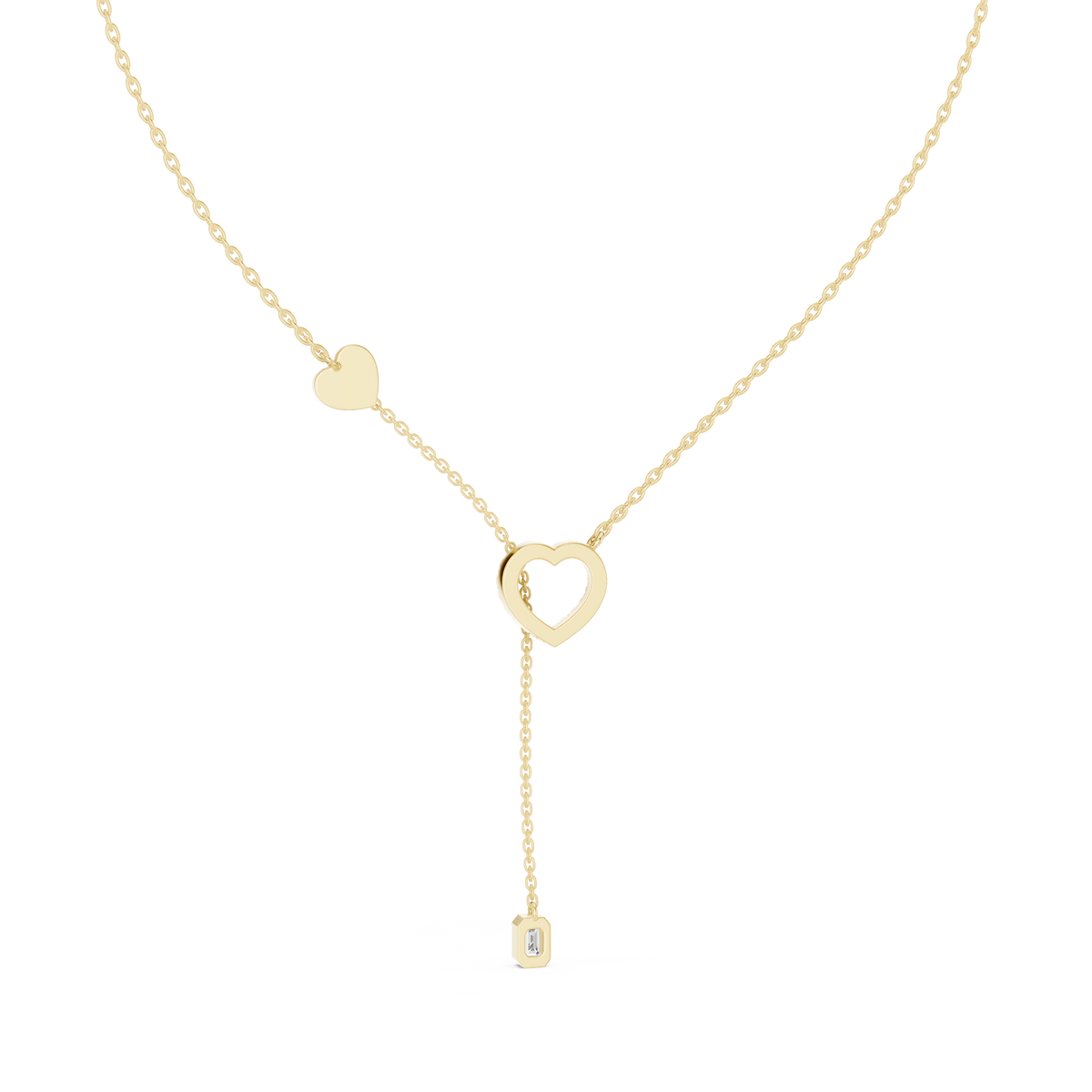Top close-up CAD view displaying D color, VS clarity, stone symmetry, precision facets, and U-cut bezel setting details for a custom lariat necklace available in platinum, 14k gold, 10k gold, or 925 silver.