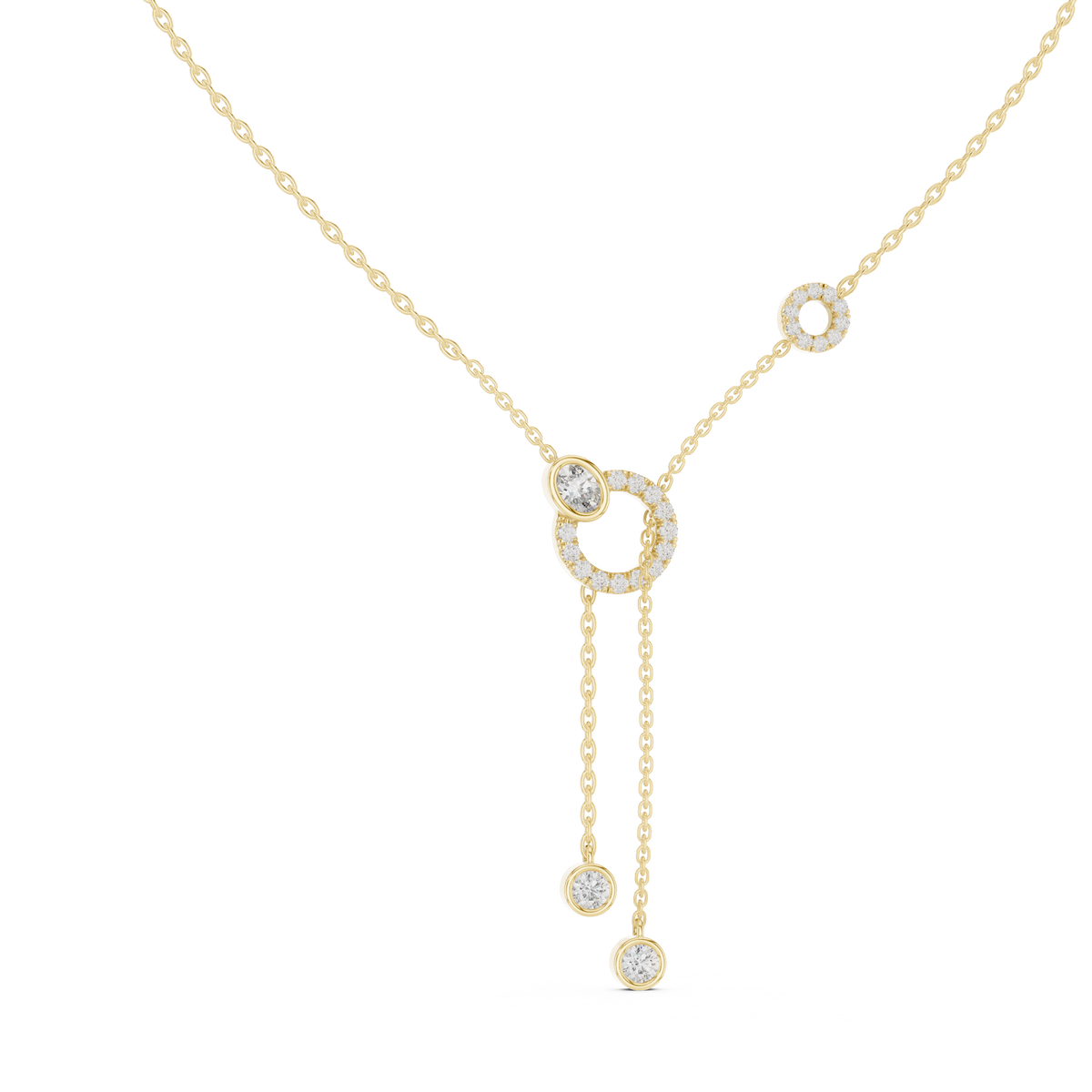 Front CAD schematic view of a sophisticated double-ring drop lariat necklace featuring 13 round 1.35mm and 10 round 1.10mm stones in U-cut settings, accented by an oval green stone and two yellow stones in bezel settings with variations in 925 sterling silver, 10k/14k solid gold, or platinum.
