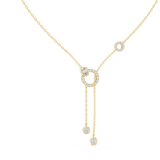 Front CAD schematic view of a sophisticated double-ring drop lariat necklace featuring 13 round 1.35mm and 10 round 1.10mm stones in U-cut settings, accented by an oval green stone and two yellow stones in bezel settings with variations in 925 sterling silver, 10k/14k solid gold, or platinum.