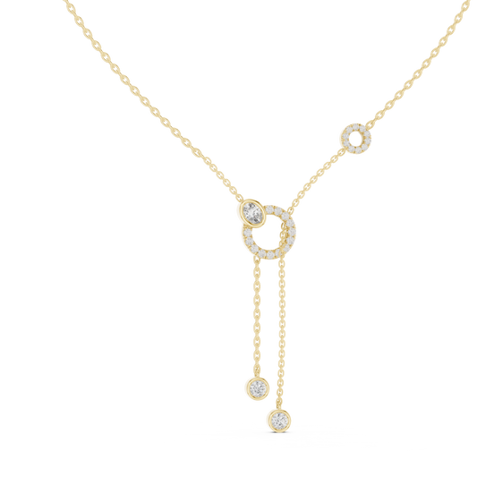 Front CAD schematic view of a sophisticated double-ring drop lariat necklace featuring 13 round 1.35mm and 10 round 1.10mm stones in U-cut settings, accented by an oval green stone and two yellow stones in bezel settings with variations in 925 sterling silver, 10k/14k solid gold, or platinum.