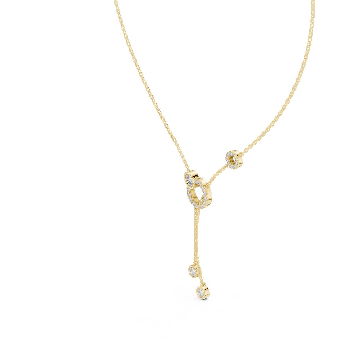 Side profile CAD view showing the precise chain profile and lariat drop height for a custom double-ring pendant necklace, available in 10k solid gold, 14k gold, 925 sterling silver, or platinum.