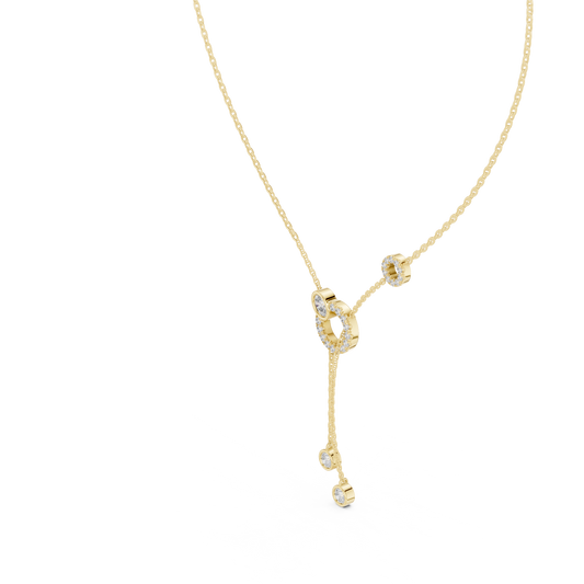 Side profile CAD view showing the precise chain profile and lariat drop height for a custom double-ring pendant necklace, available in 10k solid gold, 14k gold, 925 sterling silver, or platinum.