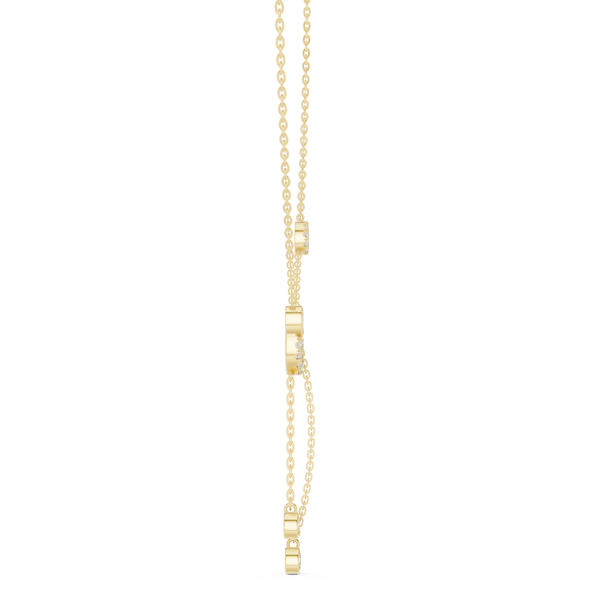Angled CAD view of the double-ring lariat necklace highlighting exceptional D color, VVS1 clarity, brilliant sparkle, moissanite or lab grown diamond options, and 925 sterling silver or solid gold metal variations.