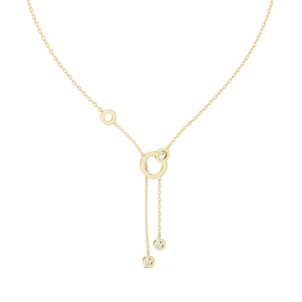 Top close-up CAD view displaying D color, VS clarity, stone symmetry, precision facets, and U-cut bezel setting details for a custom lariat necklace available in platinum, 14k gold, 10k gold, or 925 silver.