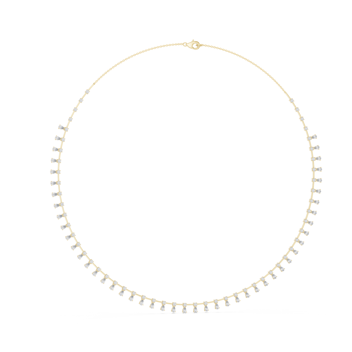 Full overhead view of a pear cut lab diamond drop tennis necklace in 14k white gold. Continuous pear and round stones in collet setting. Elegant engagement ring match or anniversary gift. Customizable in 925 silver, 10k 14k gold, platinum with 1ct to 2ct moissanite or lab grown diamond options.
