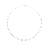 Full overhead view of a pear cut lab diamond drop tennis necklace in 14k white gold. Continuous pear and round stones in collet setting. Elegant engagement ring match or anniversary gift. Customizable in 925 silver, 10k 14k gold, platinum with 1ct to 2ct moissanite or lab grown diamond options.