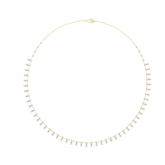 Full overhead view of a pear cut lab diamond drop tennis necklace in 14k white gold. Continuous pear and round stones in collet setting. Elegant engagement ring match or anniversary gift. Customizable in 925 silver, 10k 14k gold, platinum with 1ct to 2ct moissanite or lab grown diamond options.