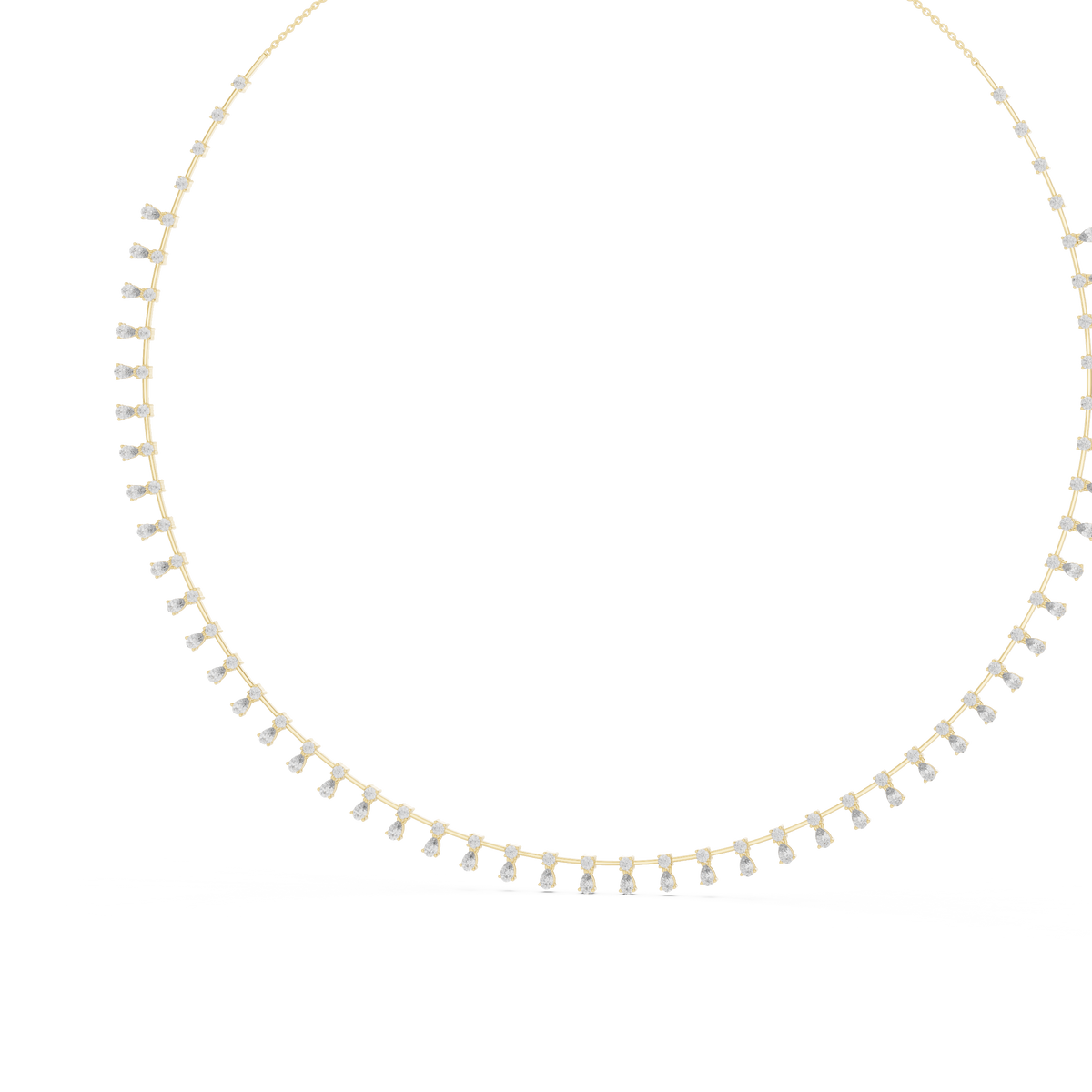 Side profile showing 2.50mm band width and collet prongs on 10k solid gold pear drop necklace. Chic wedding band compliment or birthday gift for her. Available in 10k 14k solid gold, 925 silver, platinum with stone sizes from 1ct to 2ct lab diamond or moissanite