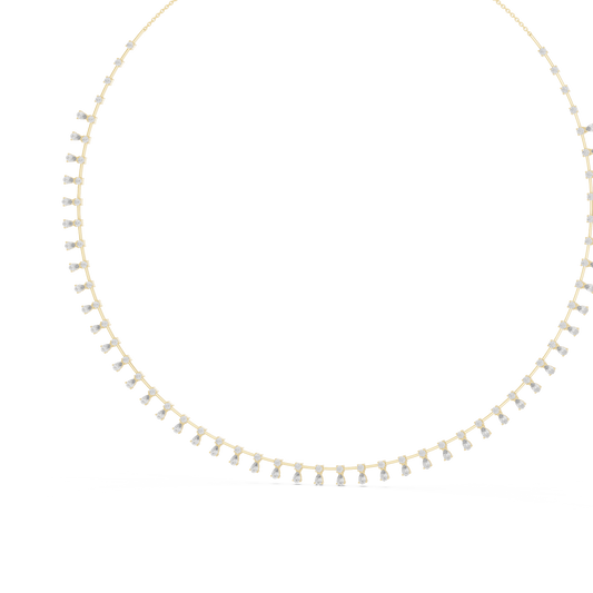 Side profile showing 2.50mm band width and collet prongs on 10k solid gold pear drop necklace. Chic wedding band compliment or birthday gift for her. Available in 10k 14k solid gold, 925 silver, platinum with stone sizes from 1ct to 2ct lab diamond or moissanite