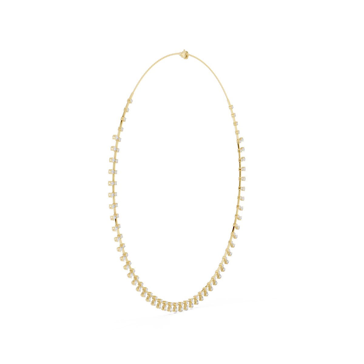Angled view featuring D color VVS1 pear moissanite brilliance on 925 sterling silver drop choker. High sparkle statement piece for bridal jewelry or anniversary gift. Custom built in 925 silver, 10k 14k gold, platinum with 1ct-2ct lab grown diamond or moissanite.