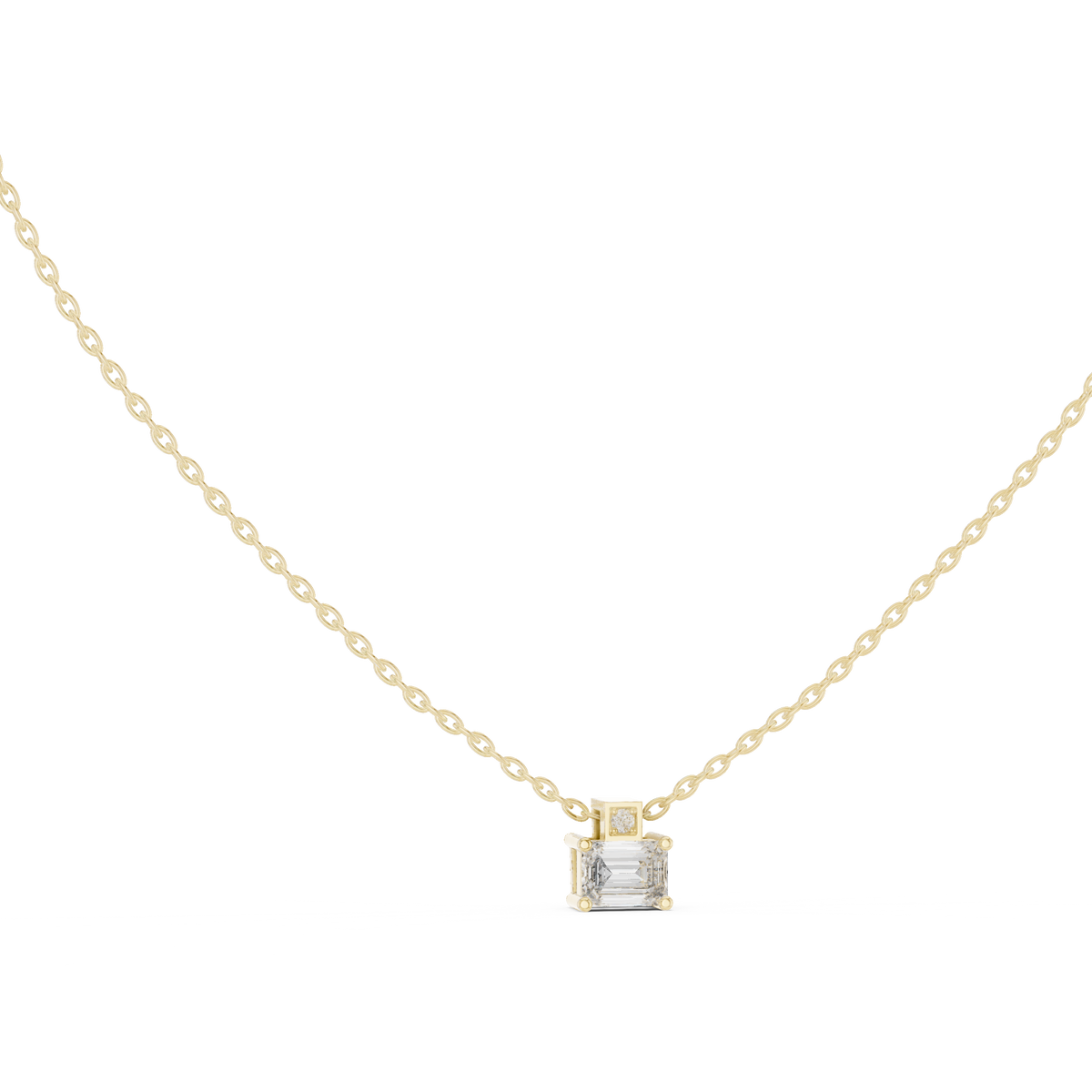 Front and side profile CAD views of a circular eternity-style link pendant featuring alternating oval (5.50x3.50mm) and emerald cut (5.00x3.00mm) stones in collet settings with variations in 925 sterling silver, 10k/14k solid gold, or platinum.