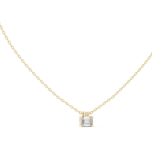 Front and side profile CAD views of a circular eternity-style link pendant featuring alternating oval (5.50x3.50mm) and emerald cut (5.00x3.00mm) stones in collet settings with variations in 925 sterling silver, 10k/14k solid gold, or platinum.