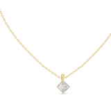 Front and side profile CAD views of a classic solitaire pendant featuring a central 5.50x5.50mm princess cut lab-grown diamond or moissanite in a secure collet setting with variations in 925 sterling silver, 10k/14k solid gold, or platinum.