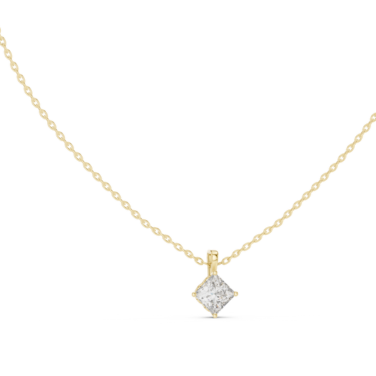 Front and side profile CAD views of a classic solitaire pendant featuring a central 5.50x5.50mm princess cut lab-grown diamond or moissanite in a secure collet setting with variations in 925 sterling silver, 10k/14k solid gold, or platinum.