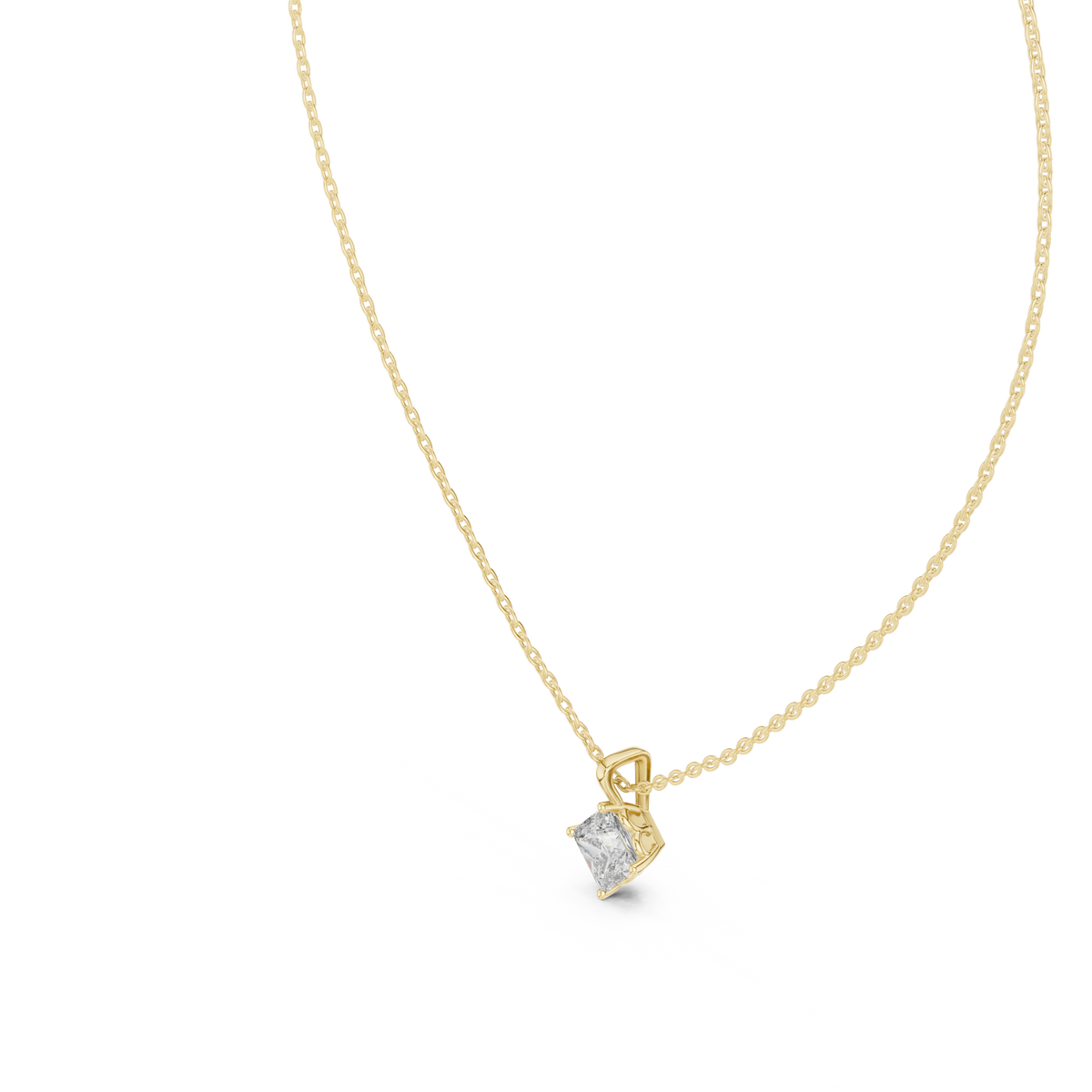Side profile CAD view showing the precise 5.48mm profile height and collet setting depth for a custom princess solitaire pendant, available in 10k solid gold, 14k gold, 925 sterling silver, or platinum.