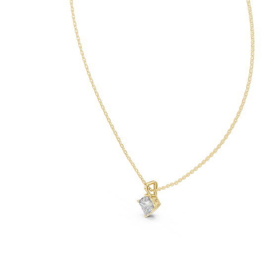 Side profile CAD view showing the precise 5.48mm profile height and collet setting depth for a custom princess solitaire pendant, available in 10k solid gold, 14k gold, 925 sterling silver, or platinum.