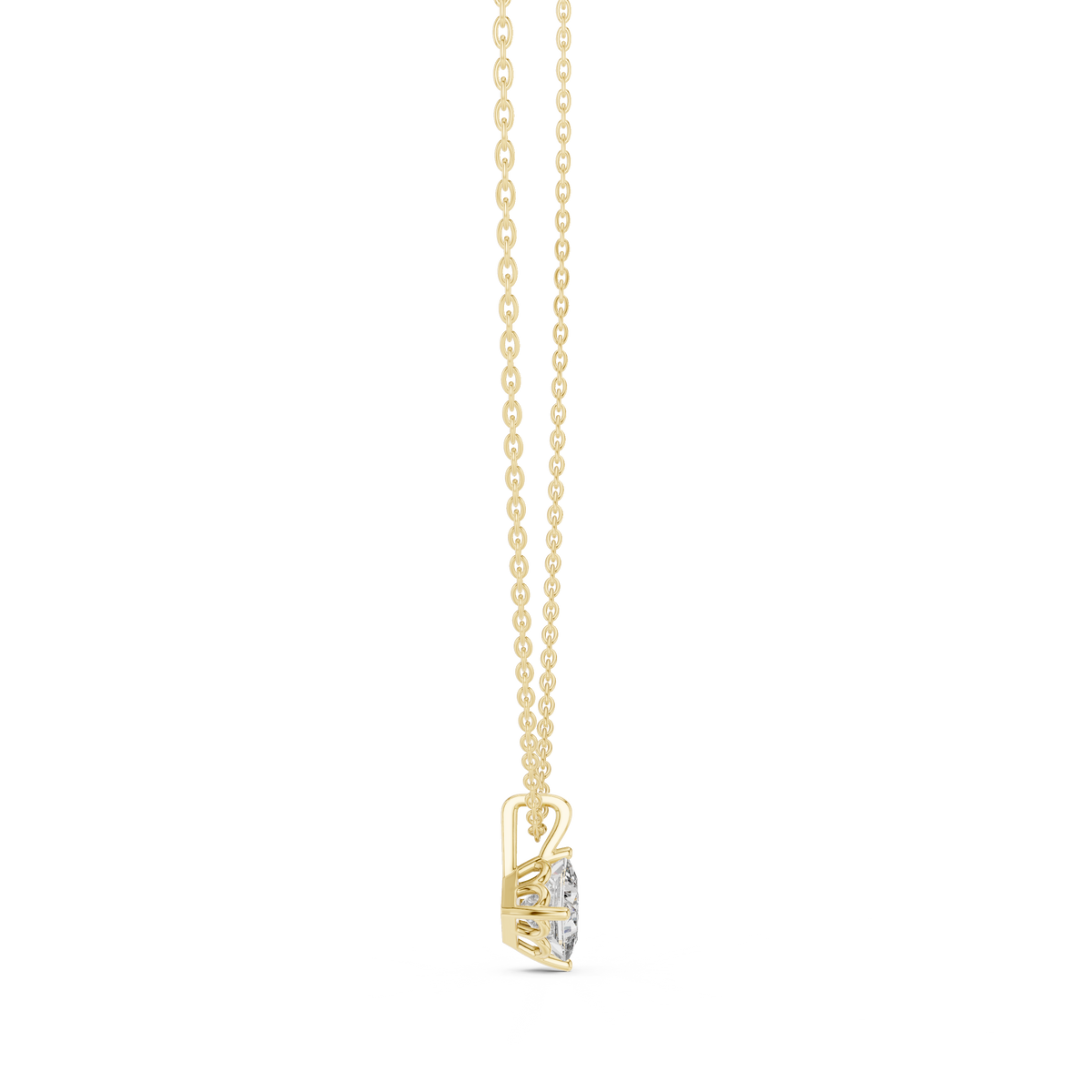 Angled CAD view of the princess cut solitaire necklace highlighting exceptional D color, VVS1 clarity, brilliant sparkle, moissanite or lab grown diamond options, and 925 sterling silver or solid gold metal variations.