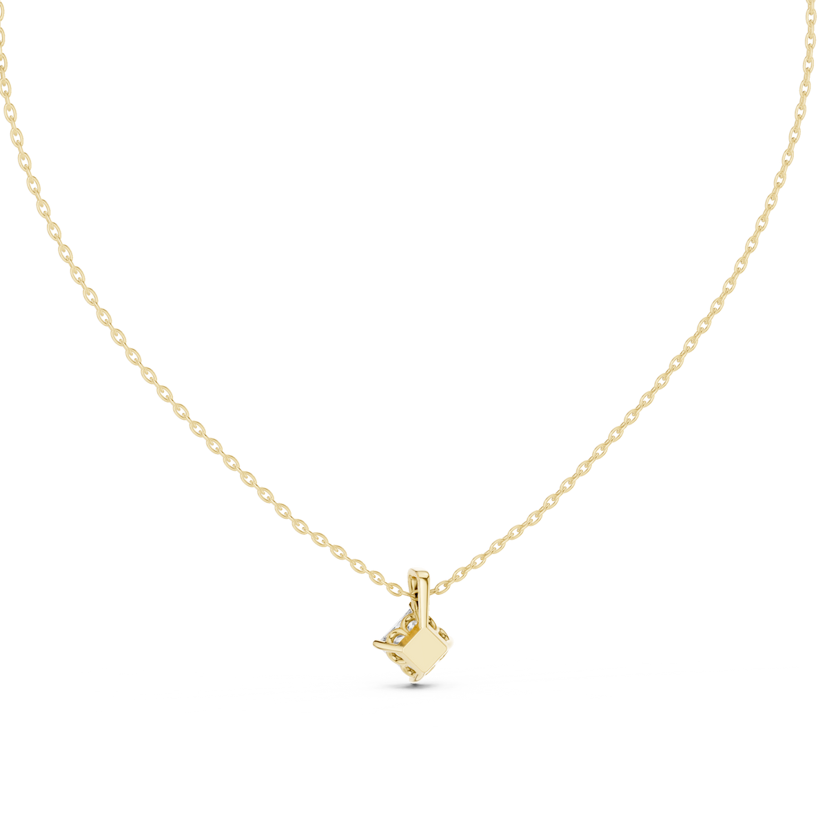 Top close-up CAD view displaying D color, VS clarity, stone symmetry, precision facets, and collet setting details for a custom princess pendant available in platinum, 14k gold, 10k gold, or 925 silver.