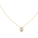 Front and side profile CAD views of an elegant oval halo pendant featuring a central 6.10x4.40mm oval cut lab-grown diamond or moissanite in a collet setting, surrounded by 20 round accent stones in a U-cut halo with variations in 925 sterling silver, 10k/14k solid gold, or platinum.