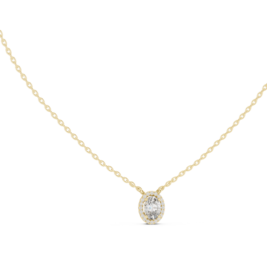 Front and side profile CAD views of an elegant oval halo pendant featuring a central 6.10x4.40mm oval cut lab-grown diamond or moissanite in a collet setting, surrounded by 20 round accent stones in a U-cut halo with variations in 925 sterling silver, 10k/14k solid gold, or platinum.