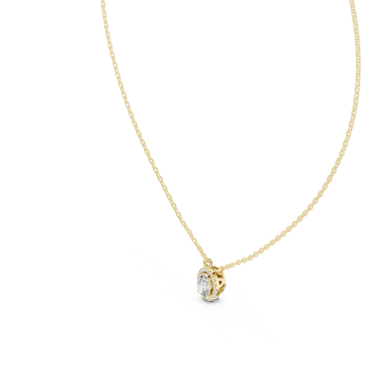 Side profile CAD view showing the precise 6.37mm profile height and collet-to-halo setting depth for a custom oval halo pendant, available in 10k solid gold, 14k gold, 925 sterling silver, or platinum.