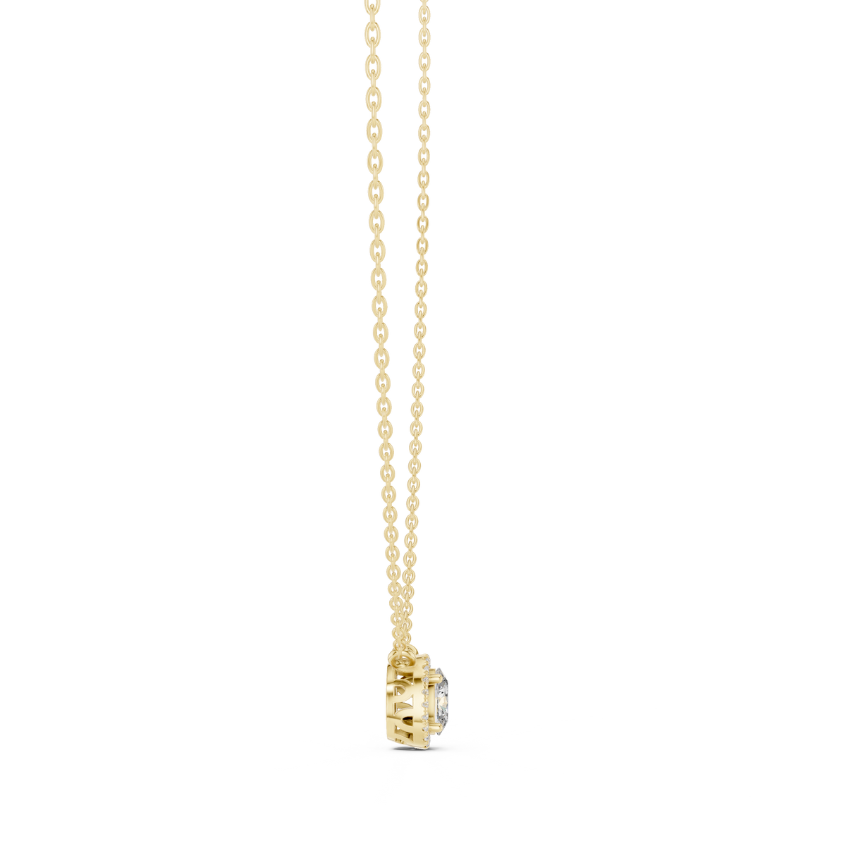 Angled CAD view of the oval halo necklace highlighting exceptional D color, VVS1 clarity, brilliant sparkle, moissanite or lab grown diamond options, and 925 sterling silver or solid gold metal variations.