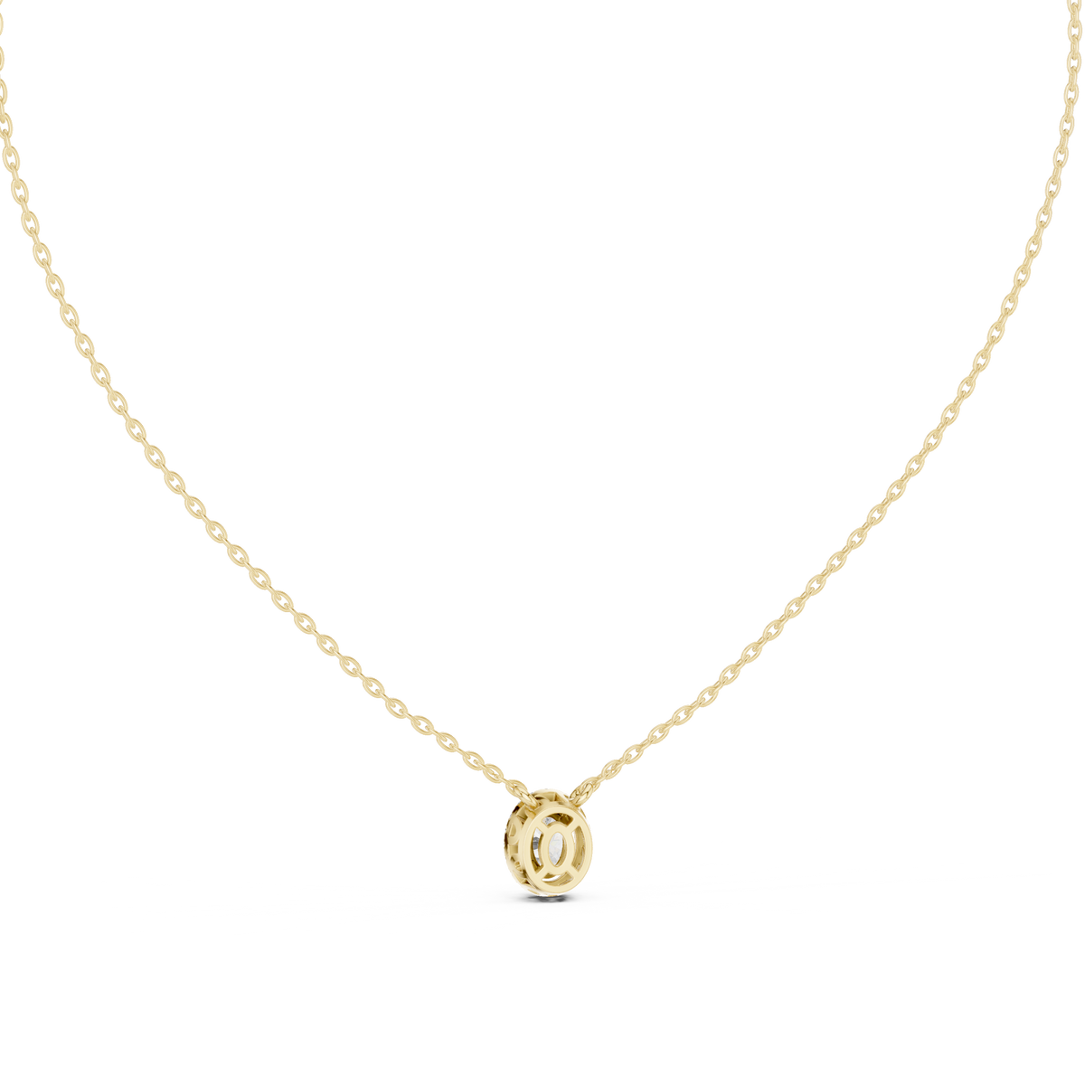 Top close-up CAD view displaying D color, VS clarity, stone symmetry, precision facets, and collet U-cut setting details for a custom oval pendant available in platinum, 14k gold, 10k gold, or 925 silver.