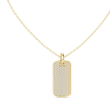 Front view of a 32.61mm x 13.90mm rectangular dog tag pendant in 14k gold set with 139 round lab diamond stones in a micro pave surface. An exceptional engagement ring match or groom gift, made custom in 10k/14k solid gold, 925 silver, or platinum, featuring personalized 1ct to 2ct stone equivalent lab grown diamond or moissanite. 