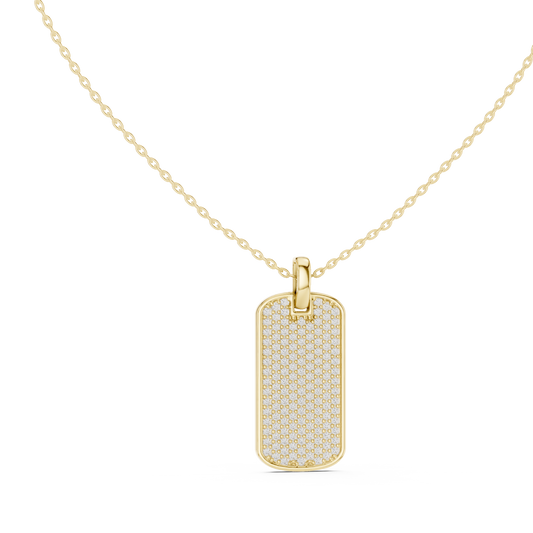 Front view of a 32.61mm x 13.90mm rectangular dog tag pendant in 14k gold set with 139 round lab diamond stones in a micro pave surface. An exceptional engagement ring match or groom gift, made custom in 10k/14k solid gold, 925 silver, or platinum, featuring personalized 1ct to 2ct stone equivalent lab grown diamond or moissanite. 
