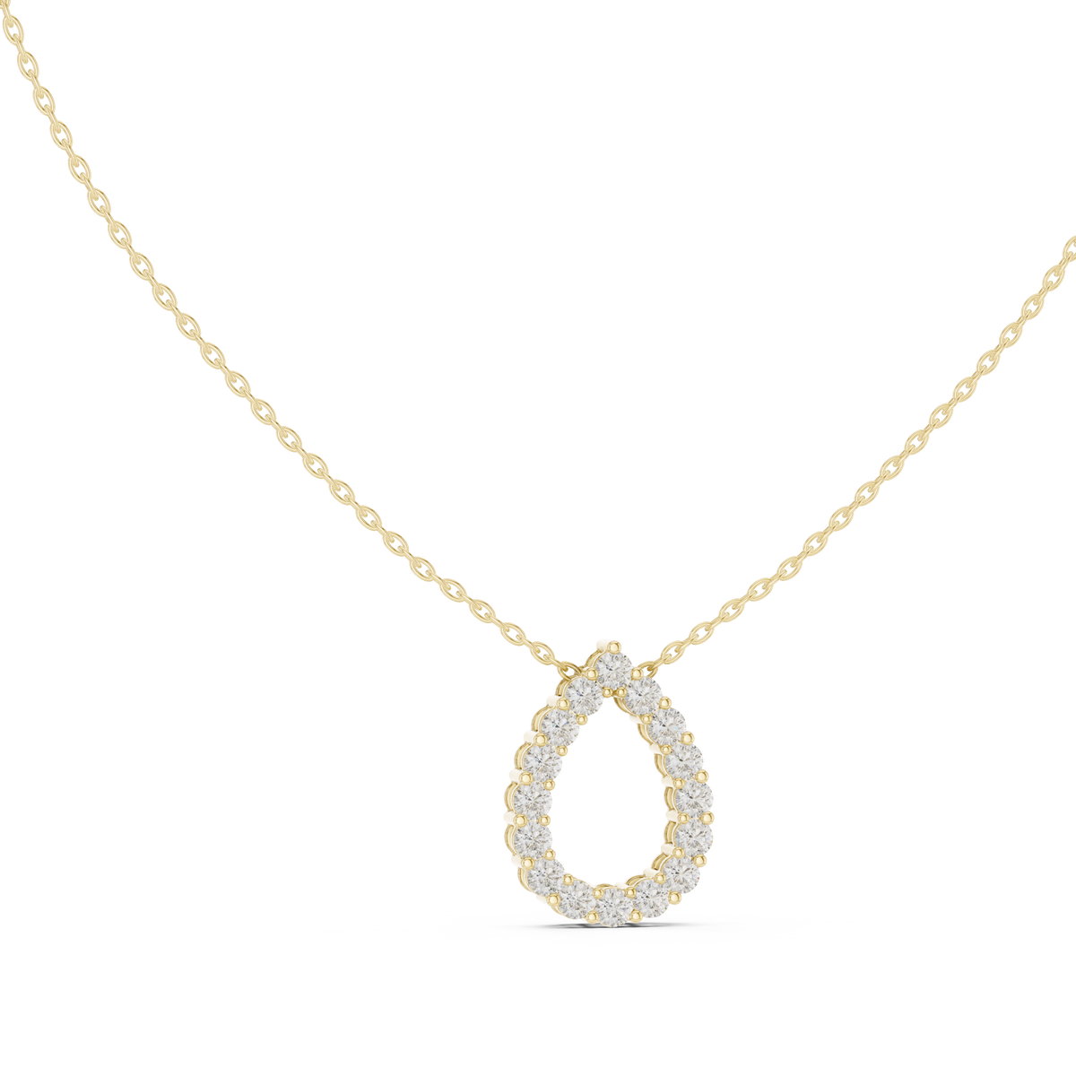 Front view of a 20.09mm teardrop open halo pendant in 14k gold set with 16 round lab diamond stones in individual collet settings. An elegant engagement ring match or bridal gift, made custom in 10k/14k solid gold, 925 silver, or platinum with personalized 1ct to 2ct equivalent lab grown diamond or moissanite center options.
