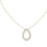 Front view of a 20.09mm teardrop open halo pendant in 14k gold set with 16 round lab diamond stones in individual collet settings. An elegant engagement ring match or bridal gift, made custom in 10k/14k solid gold, 925 silver, or platinum with personalized 1ct to 2ct equivalent lab grown diamond or moissanite center options.