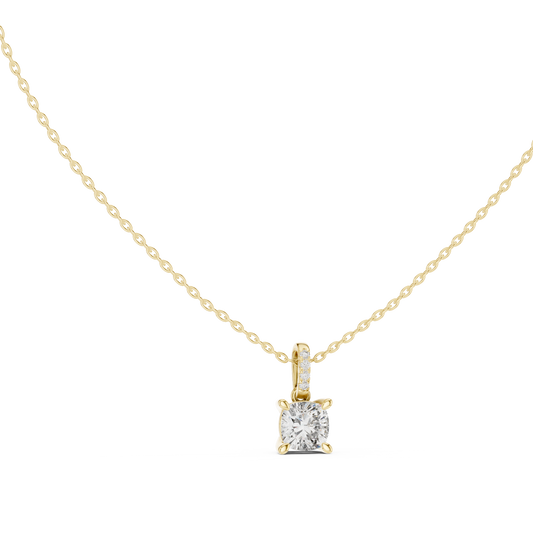 Front view of a 6.5mm cushion cut lab diamond solitaire pendant in 14k gold with a diamond pave bail, exhibiting intense fire and symmetric facets. An ideal engagement ring match, made custom in 10k/14k solid gold, 925 silver, or platinum with personalized 1ct to 2ct center stones in brilliant lab grown diamond or moissanite