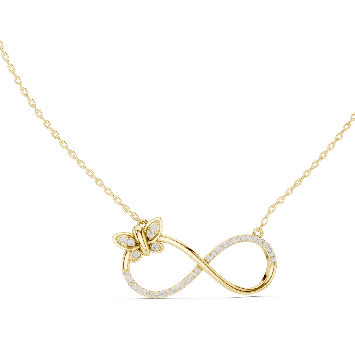 Front view of a 32.22mm wide butterfly infinity pendant in 14k gold set with 36 round lab diamond accents in micro-prong and pave settings. An ideal bridal shower or engagement gift, made custom in 10k/14k solid gold, 925 silver, or platinum, featuring personalized 1ct to 2ct equivalent lab grown diamond or moissanite stones.